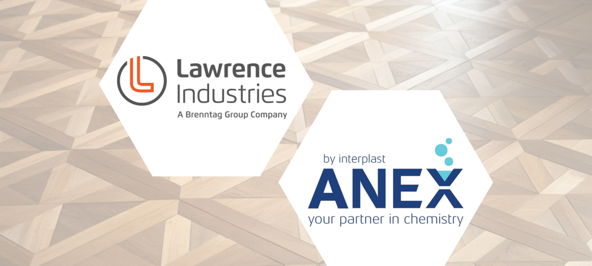 Interplast Kimya and Lawrence Industries Logo on parquet flooring